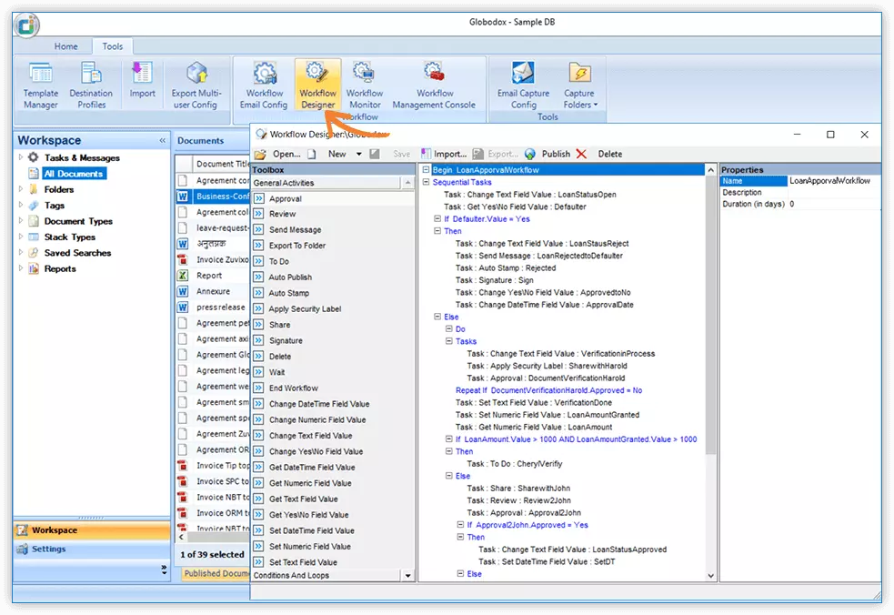 globodox features automate document workflows Design custom workflows screenshort